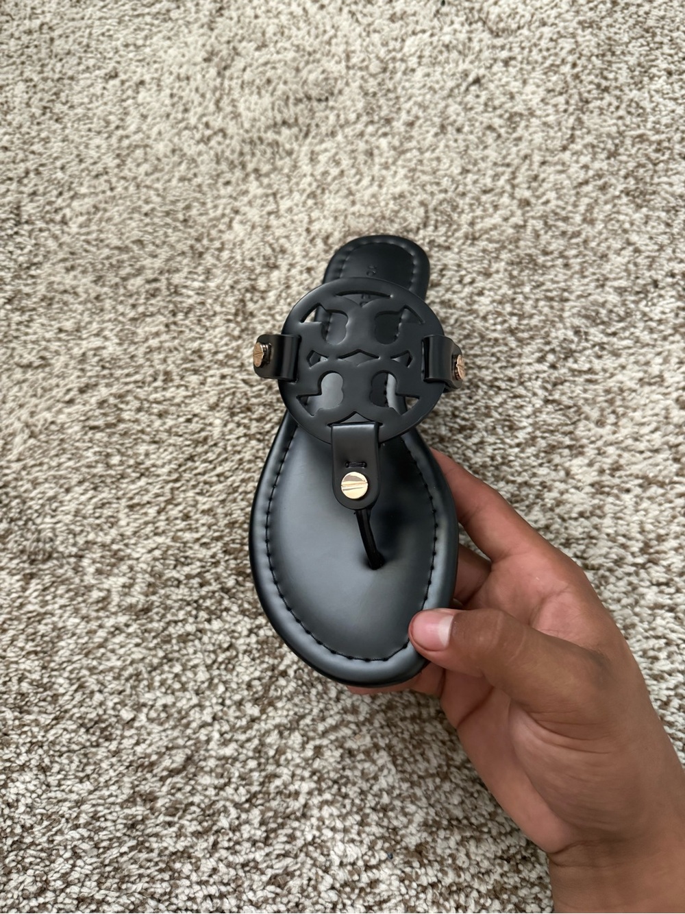 Tory Burch Black Logo Thong Sandal with Gold Accents